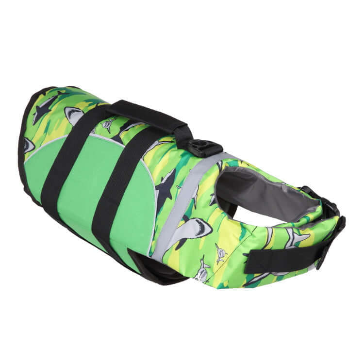 Dog Swimming Life Vest Adjustable Life Jacket Mermaid Shark designed with shark patterns and adjustable straps for safety.