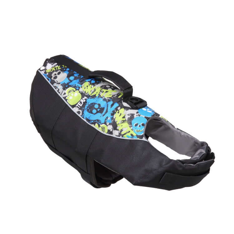 Dog Swimming Life Vest Adjustable Life Jacket Mermaid Shark in black and colorful skull design, ideal for safe swimming.