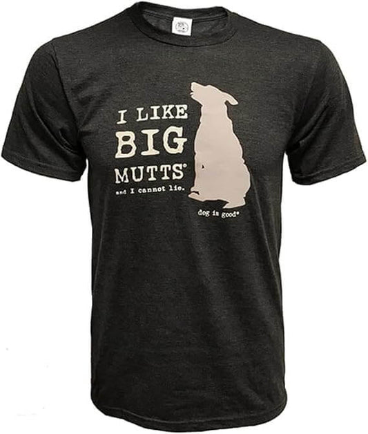 I Like Big Mutts and I Cannot Lie t-shirt featuring a mutt silhouette on a dark fabric background.