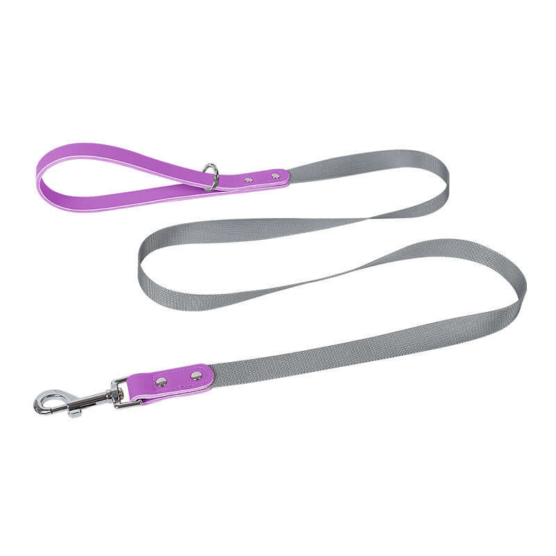 Leather Dog Harness Leash Set featuring a purple and grey leash design for stylish pet walks.