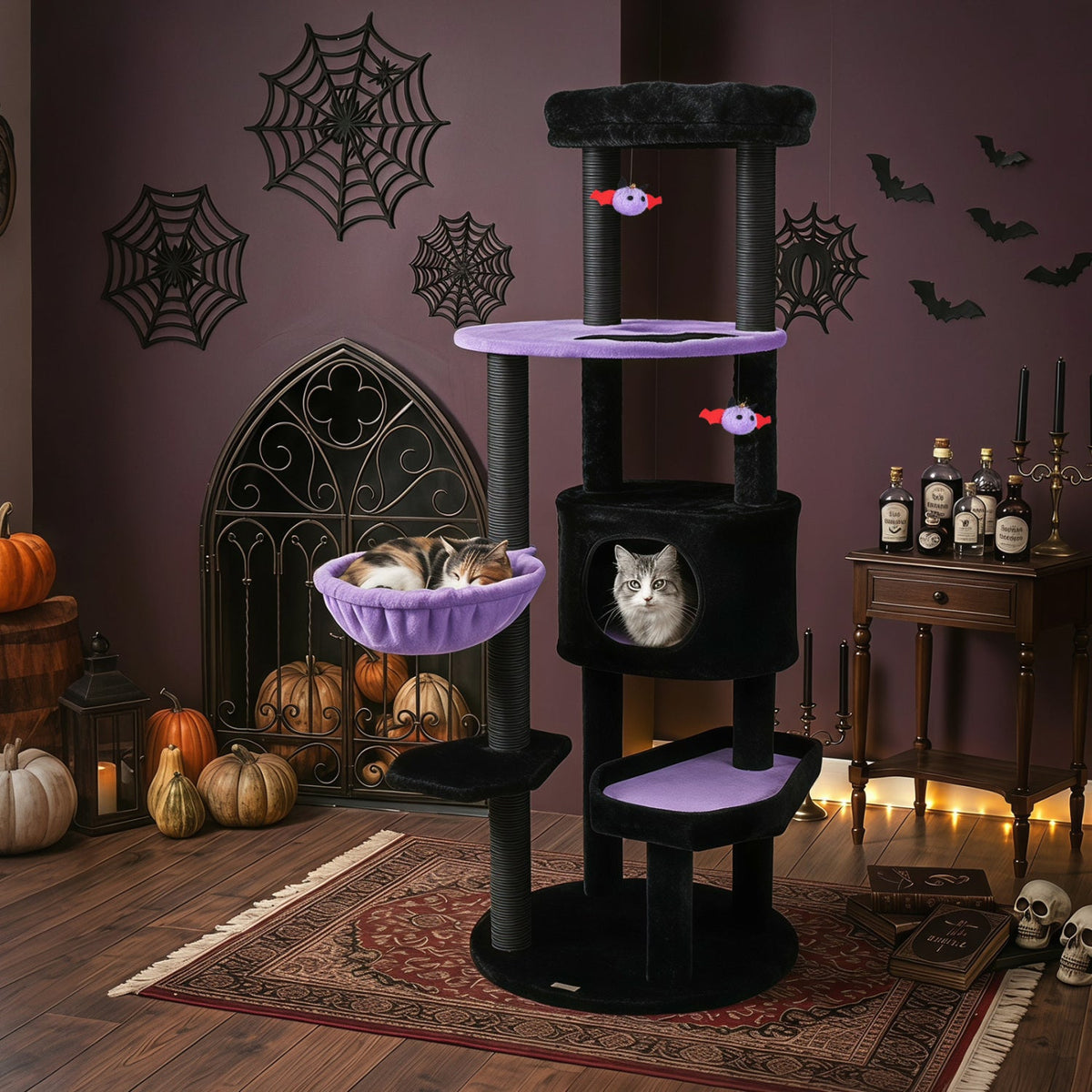 60" Gothic Cat Tower with Coffin Bed & Spider Toys
