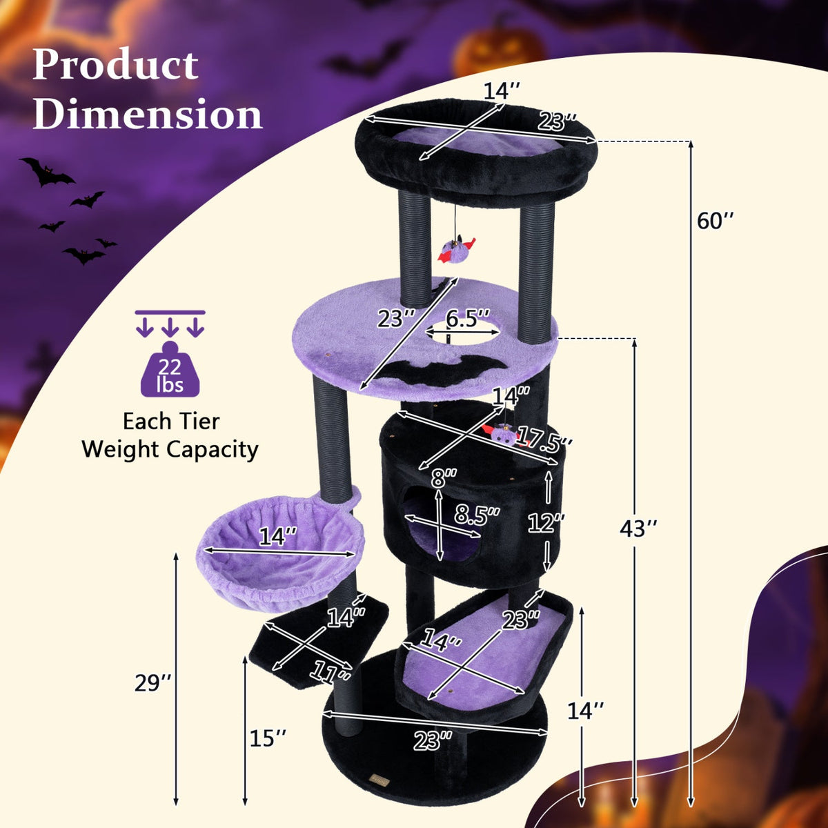 60" Gothic Cat Tower with Coffin Bed & Spider Toys