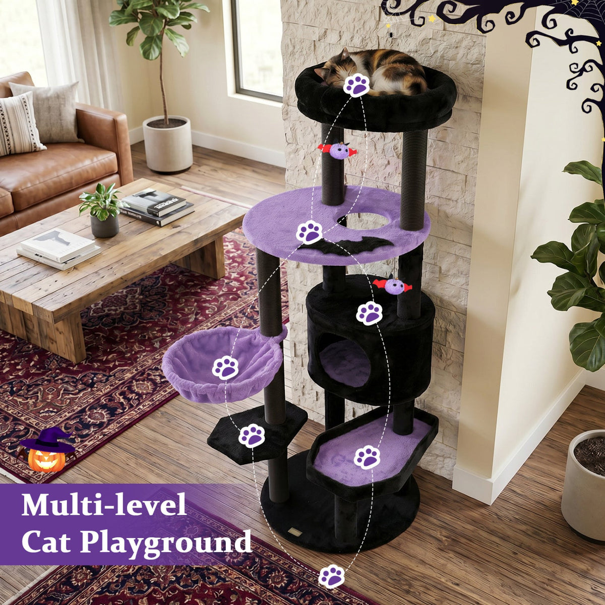 60" Gothic Cat Tower with Coffin Bed & Spider Toys
