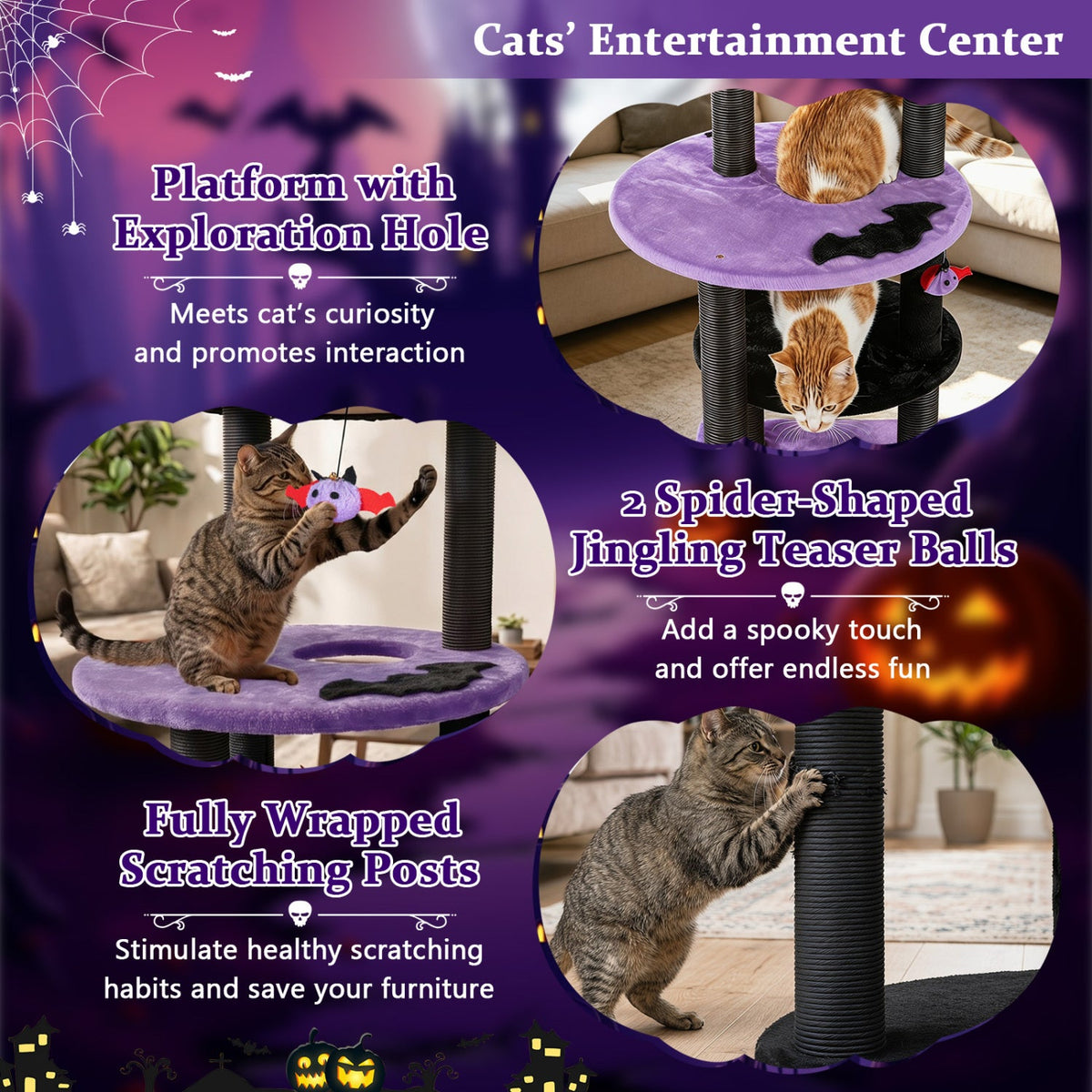 60" Gothic Cat Tower with Coffin Bed & Spider Toys