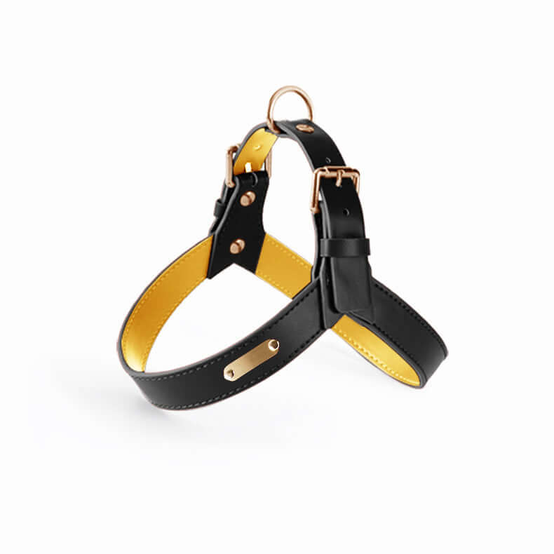 Summer Dog Vest Chest Harness and Leash in black and yellow leather design for dogs.