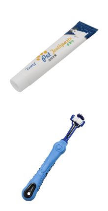Dog Toothpaste by Dog Hugs Cat tube next to a blue dog toothbrush for effective pet dental care.