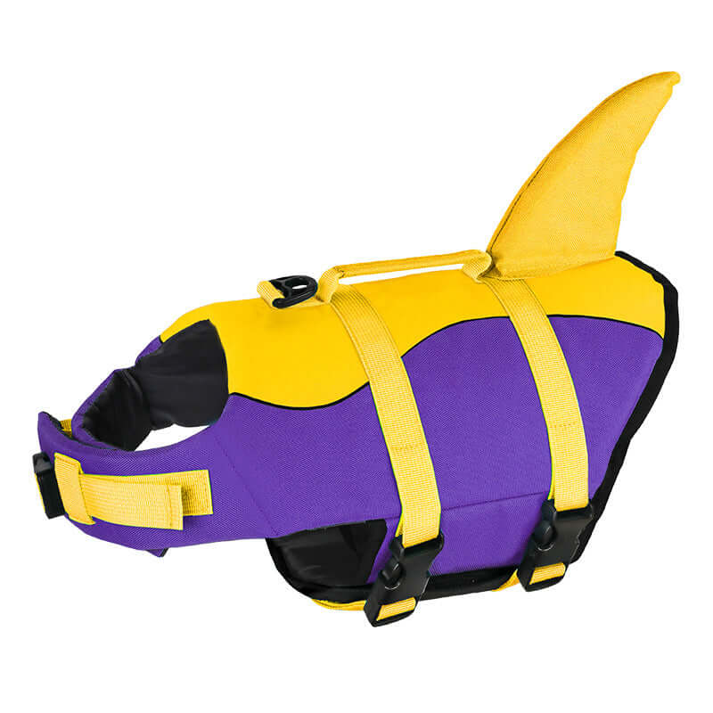 Dog Swimming Life Vest Adjustable Life Jacket Mermaid Shark in purple and yellow with a cute shark fin design.