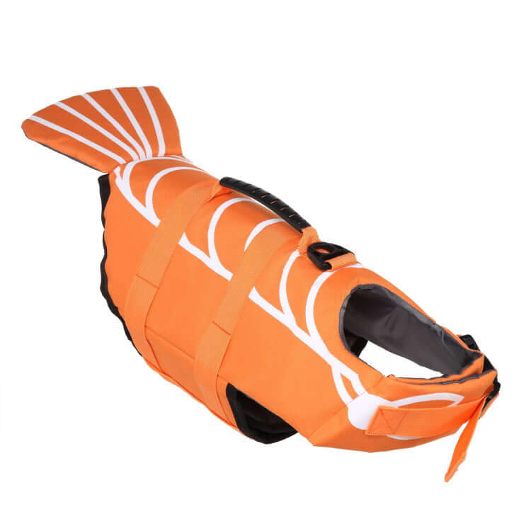 Dog Swimming Life Vest Adjustable Life Jacket Mermaid Shark in orange fish design for safety in water.