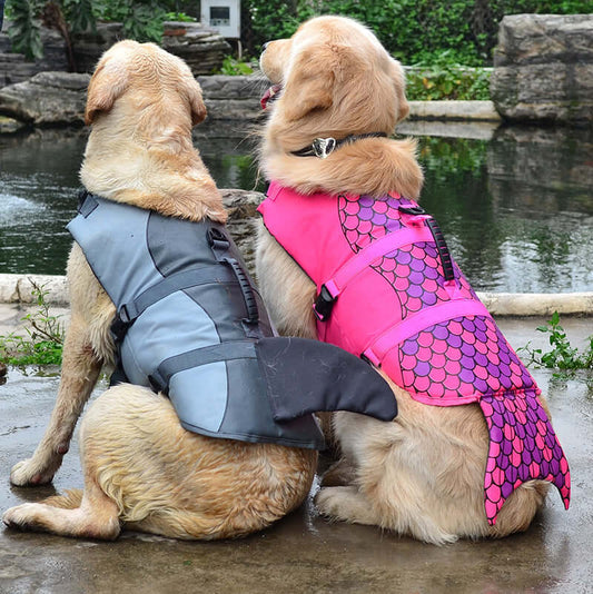 Two dogs wearing Dog Swimming Life Vest Adjustable Life Jacket Mermaid Shark by a pond, showcasing vibrant colors and a unique design.