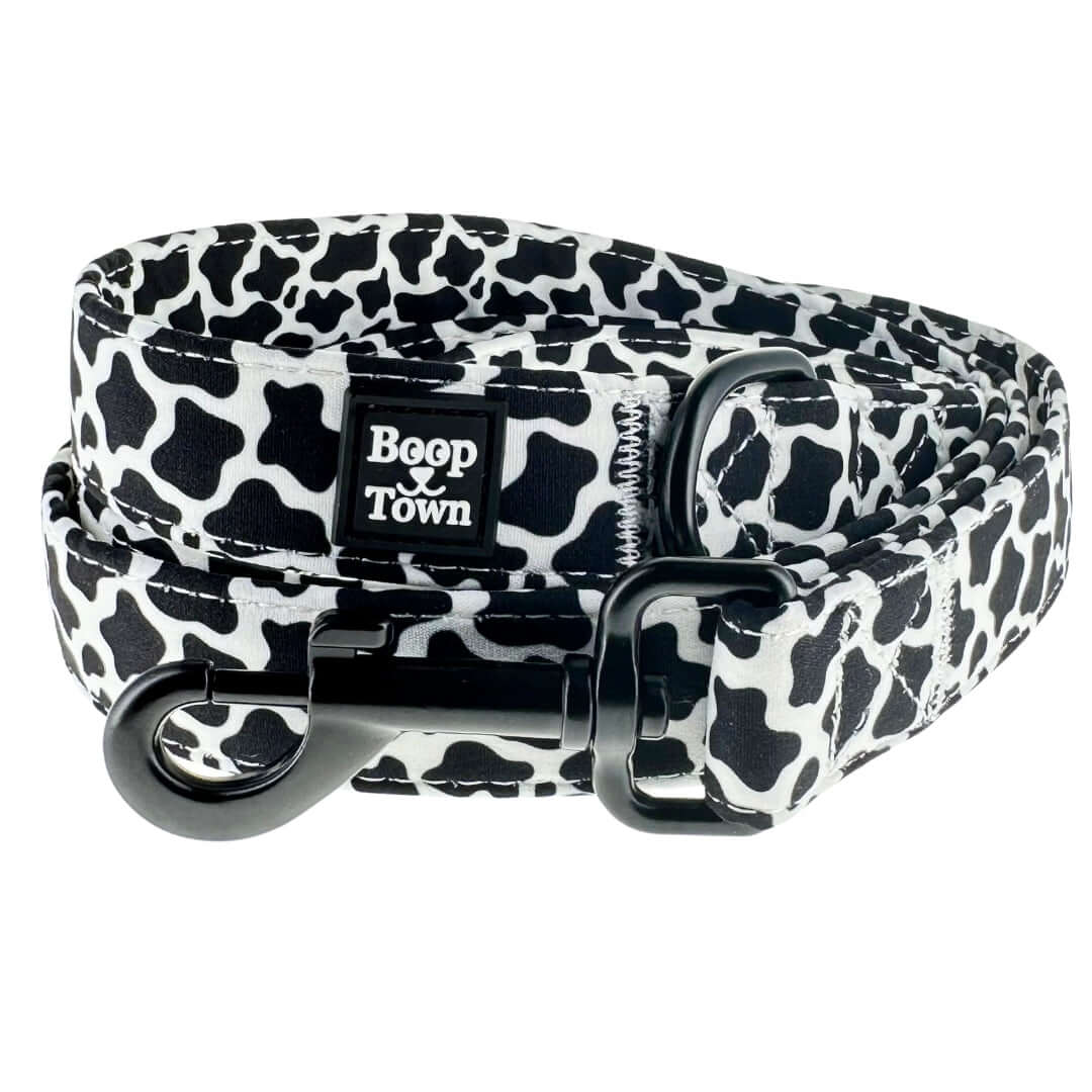 Boop Town Cute Dog Leashes 5 Feet Long featuring a black and white cow print design.