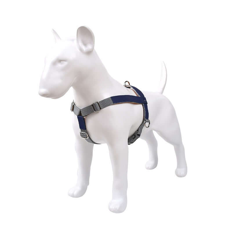Leather Dog Harness Leash Set displayed on a white dog mannequin, featuring a fashionable and simple design.