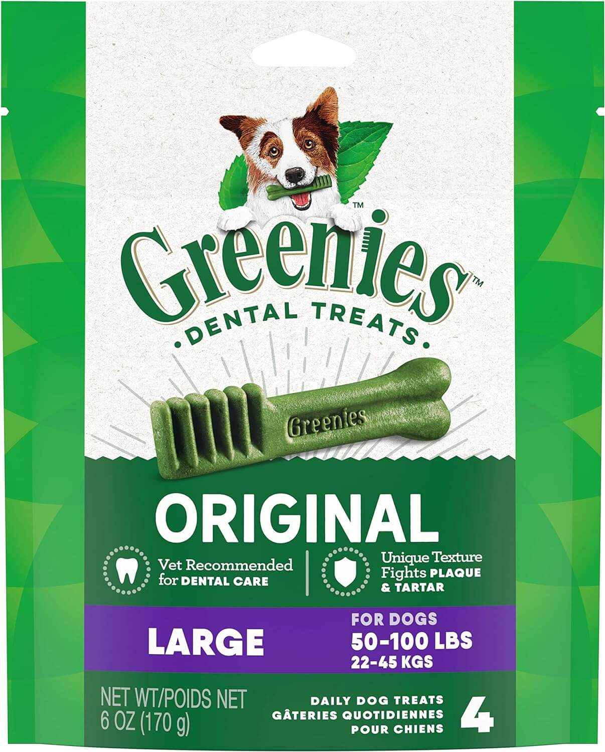 GREENIES Original Large Dental Treats package featuring dental chews for dogs.