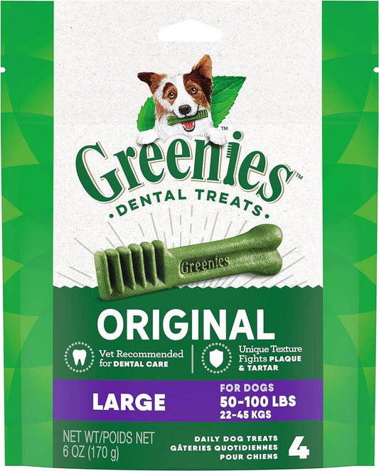 GREENIES Original Large Dental Treats package featuring dental chews for dogs.