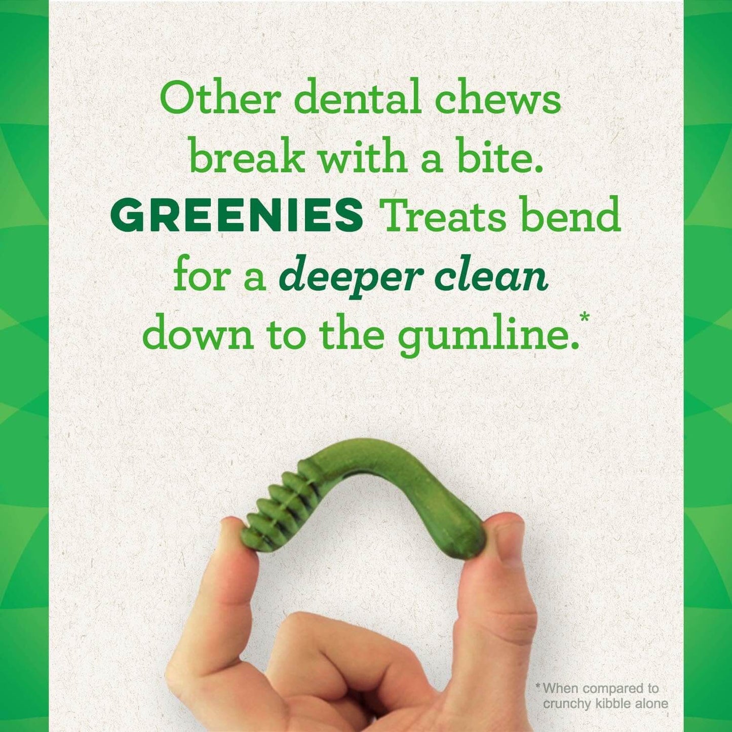 GREENIES Original Large Dental Treats shown being bent for effective dental cleaning and freshness.
