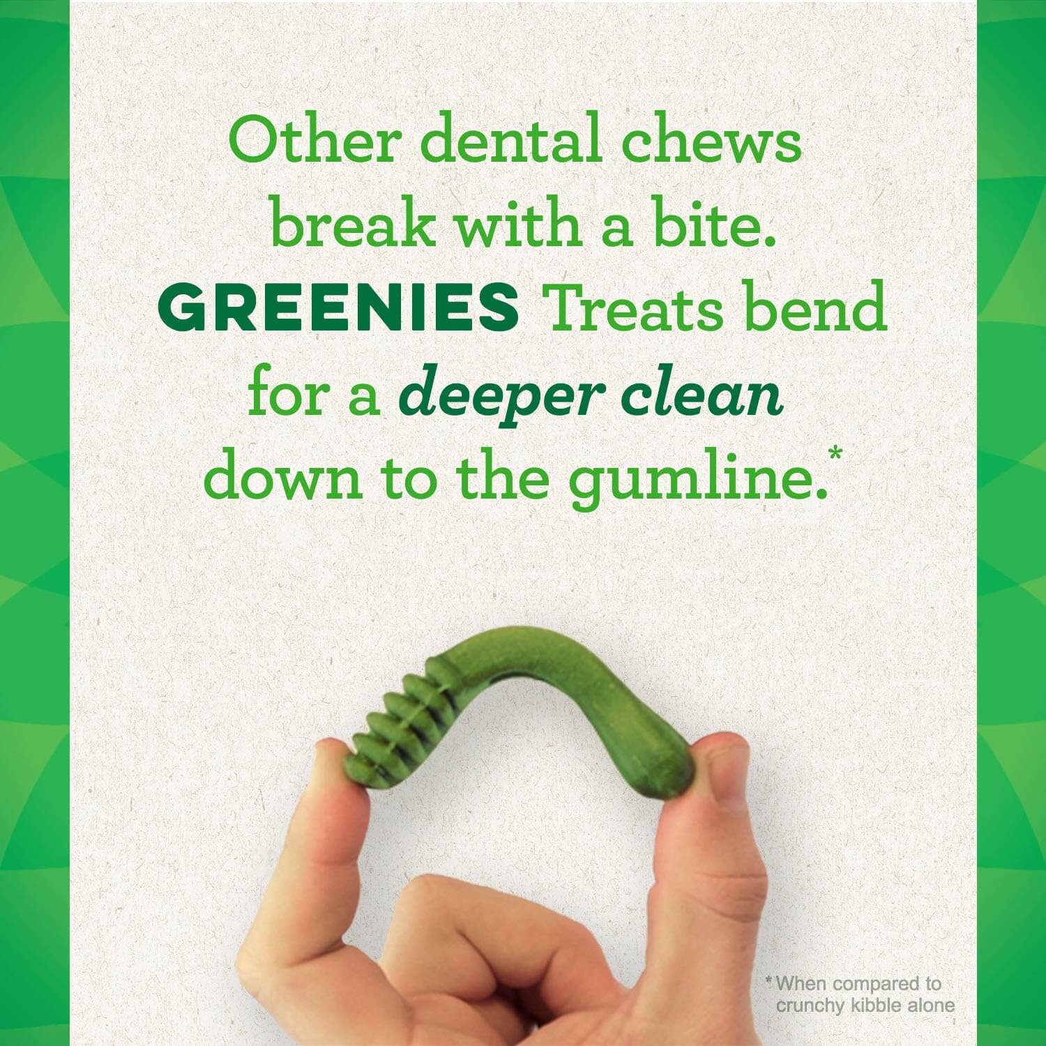 GREENIES Original Large Dental Treats shown being bent for effective dental cleaning and freshness.
