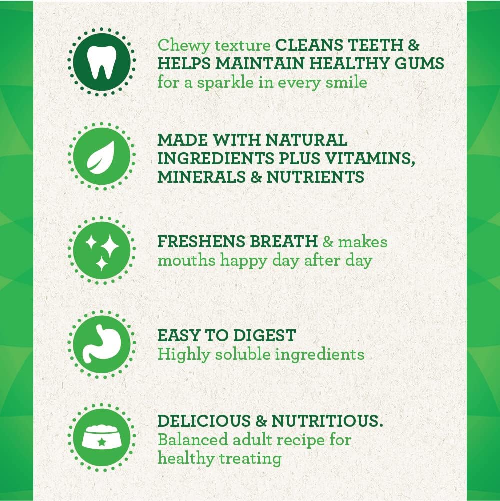 Infographic highlighting benefits of GREENIES Original Large Dental Treats including teeth cleaning and fresh breath.