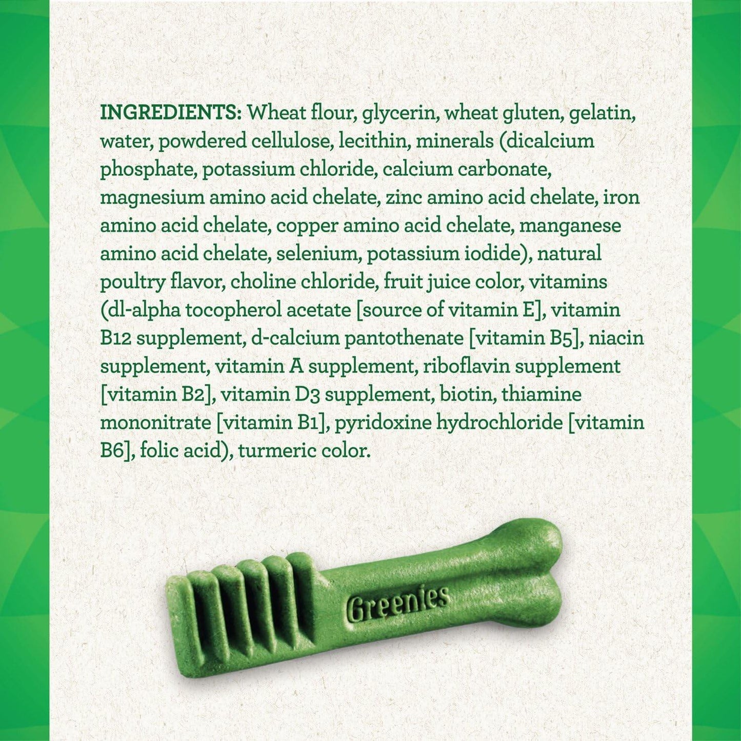 GREENIES Original Large Dental Treats ingredients list including natural and nutritional components.
