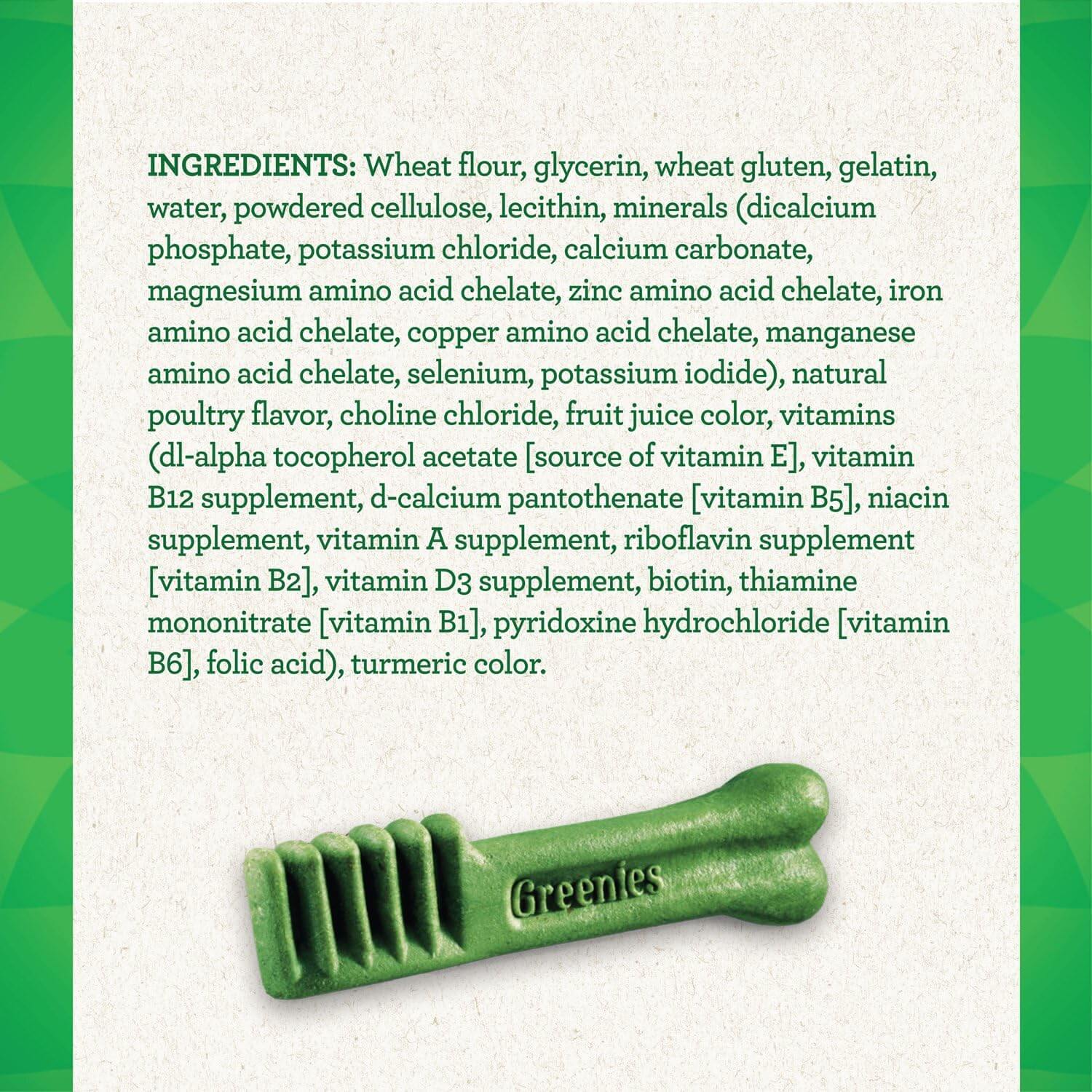 GREENIES Original Large Dental Treats ingredients list including natural and nutritional components.