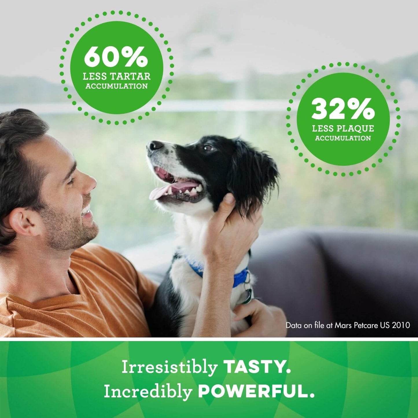 Man enjoying time with a dog highlighting the benefits of GREENIES Original Large Dental Treats.