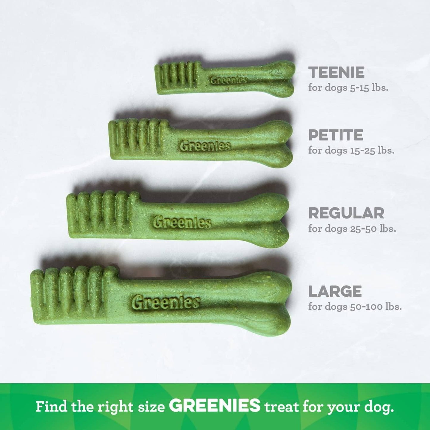 Different sizes of GREENIES Original Large Dental Treats for dogs, including Teenie, Petite, Regular, and Large.