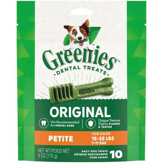 Greenies Original Petite Dental Treats packaging featuring dental chews for dogs, recommended for plaque and tartar control.