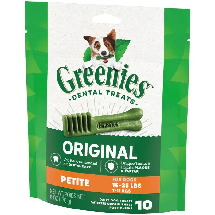 Greenies Original Petite Dental Treats packaging showing dental chews for dogs, recommended for dental care and fresh breath.