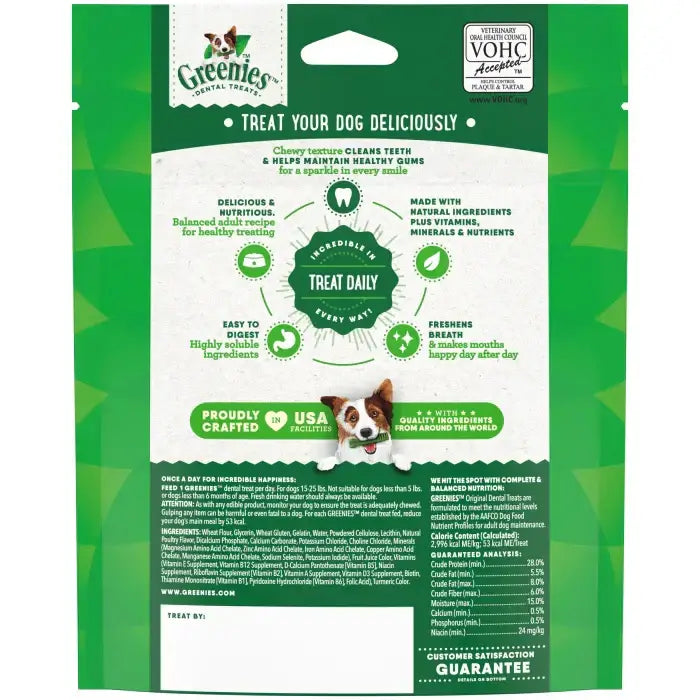 Greenies Original Petite Dental Treats packaging highlighting dental health benefits for dogs.