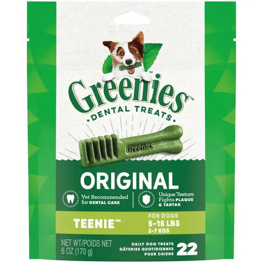 GREENIES Original TEENIE Dental Treats package for dogs, fights plaque and tartar, vet recommended for dental care.