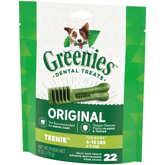 GREENIES Original TEENIE Dental Treats packaging for dogs, featuring unique texture that fights plaque and tartar.