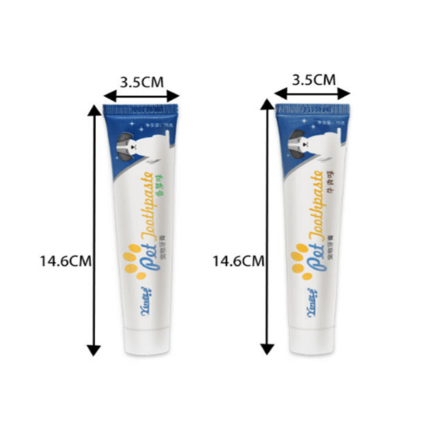 Dog Toothpaste by Dog Hugs Cat, showing two tubes with different flavors in 3.5 cm x 14.6 cm packaging.