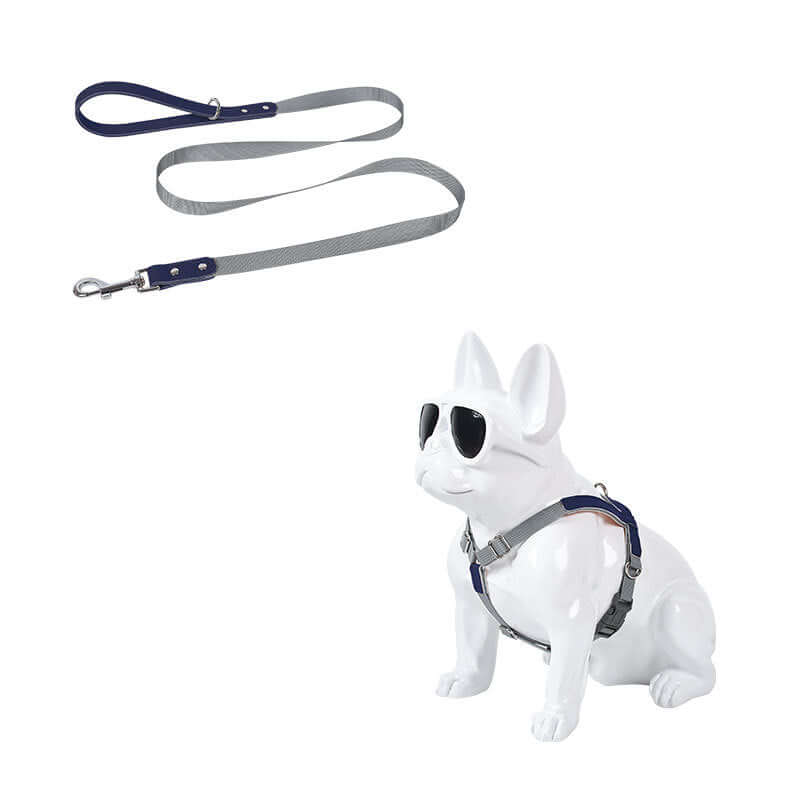 Leather Dog Harness Leash Set displayed on a stylish figurine dog wearing sunglasses, showcasing its fashionable design.