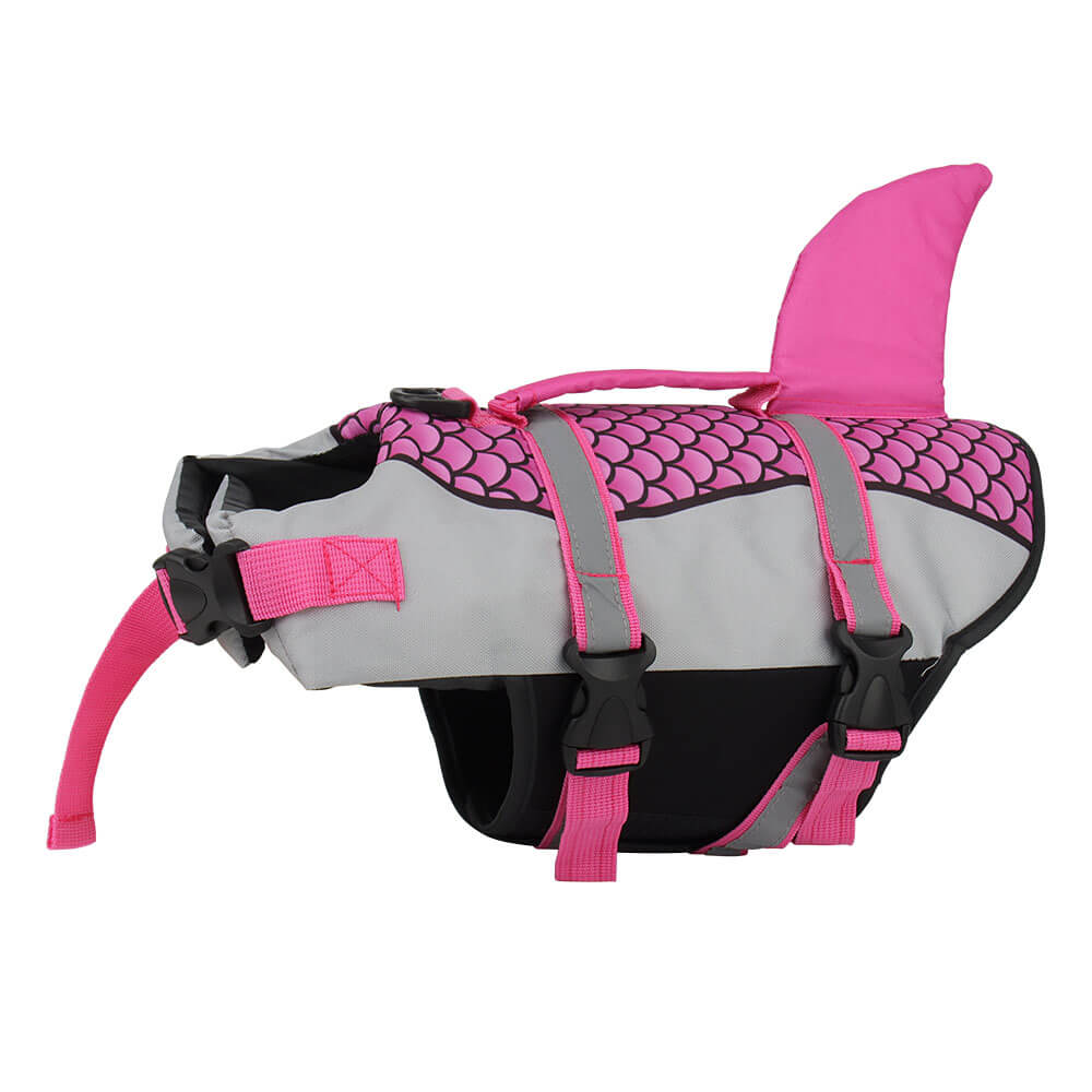 Dog Shark Life Jacket Vest Swim for pets, featuring a shark fin design and adjustable straps for comfort and safety.