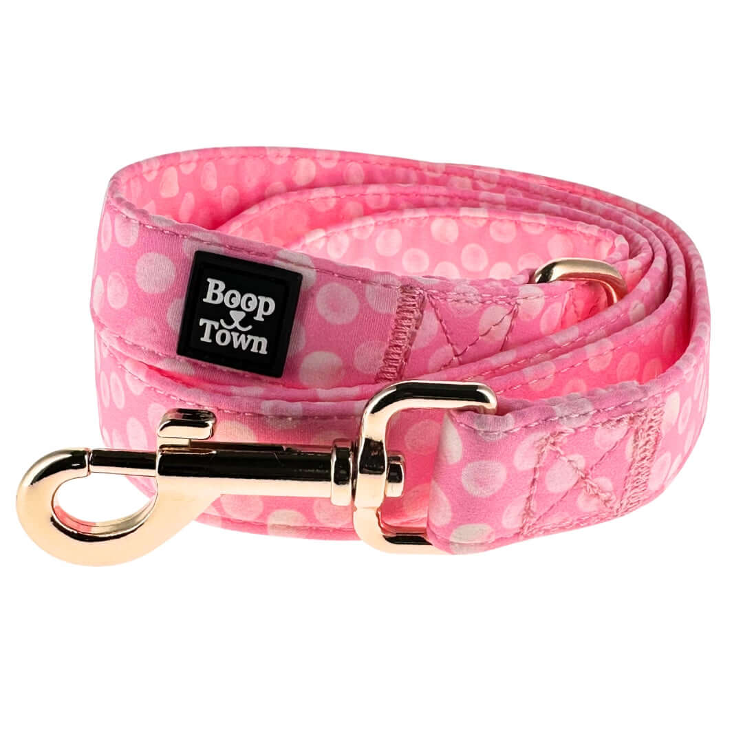 Boop Town Cute Dog Leashes 5 Feet Long in pink with polka dots and sturdy metal hardware.