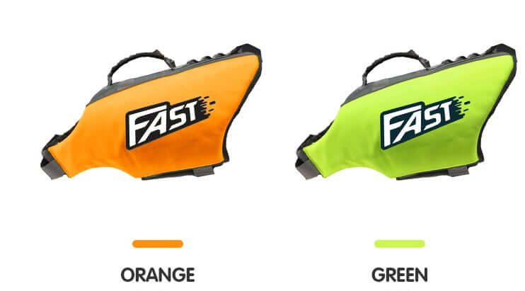 Reflective Printed Dog Life Jacket Swimming Suit in orange and green colors side by side.