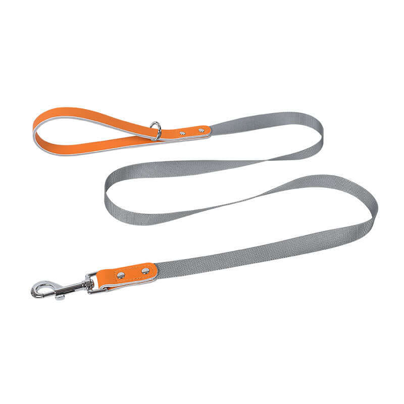 Leather Dog Harness Leash Set featuring a stylish gray and orange leash for pets, made of durable materials.