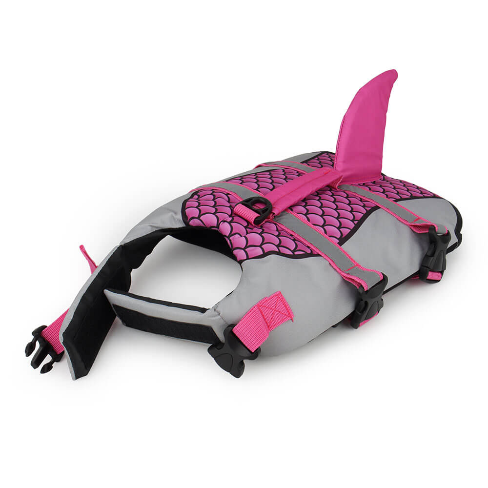 Dog Shark Life Jacket Vest Swim featuring a pink mermaid design and dorsal fin for pets' safety while swimming.
