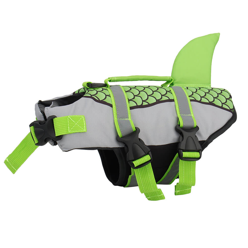 Dog Shark Life Jacket Vest Swim with green straps and shark fin design, ideal for keeping pets safe while swimming.