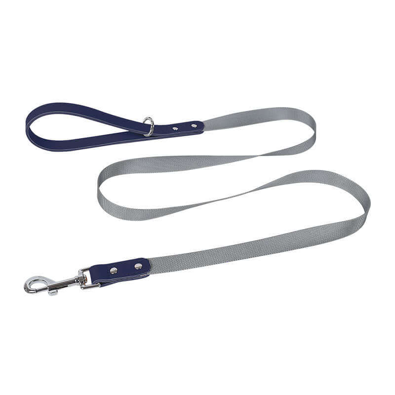 Leather Dog Harness Leash Set featuring a durable blue and gray leash for stylish pet walks.