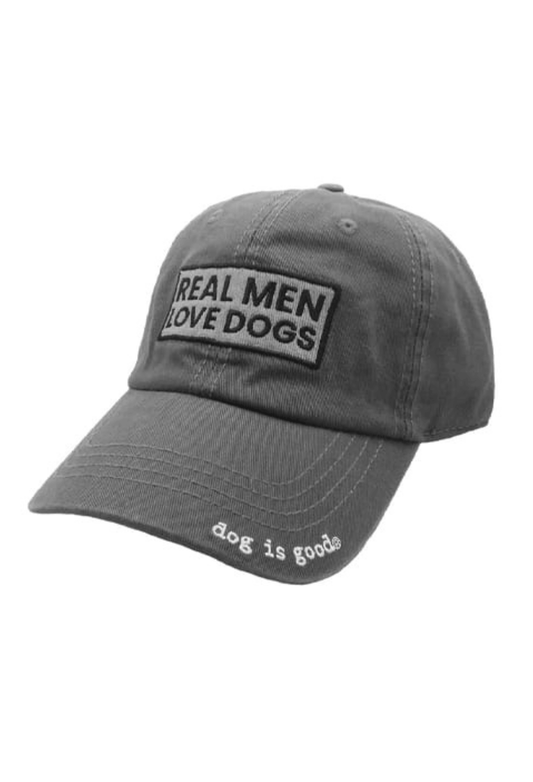Real Men Love Dogs hat in gray with embroidered text, perfect for dog lovers.