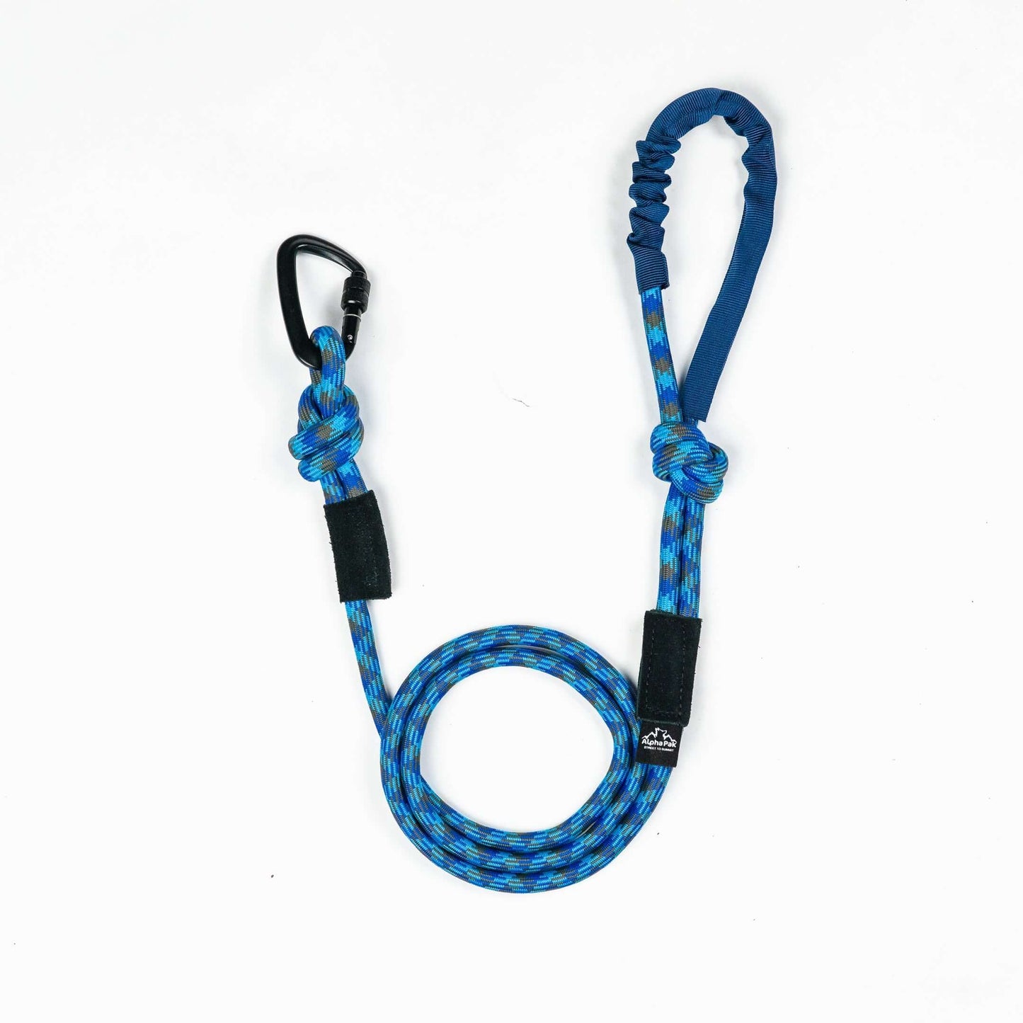 Kernmantle Climbing Rope Dog Leash featuring a blue and black design with a sturdy clip and handle.