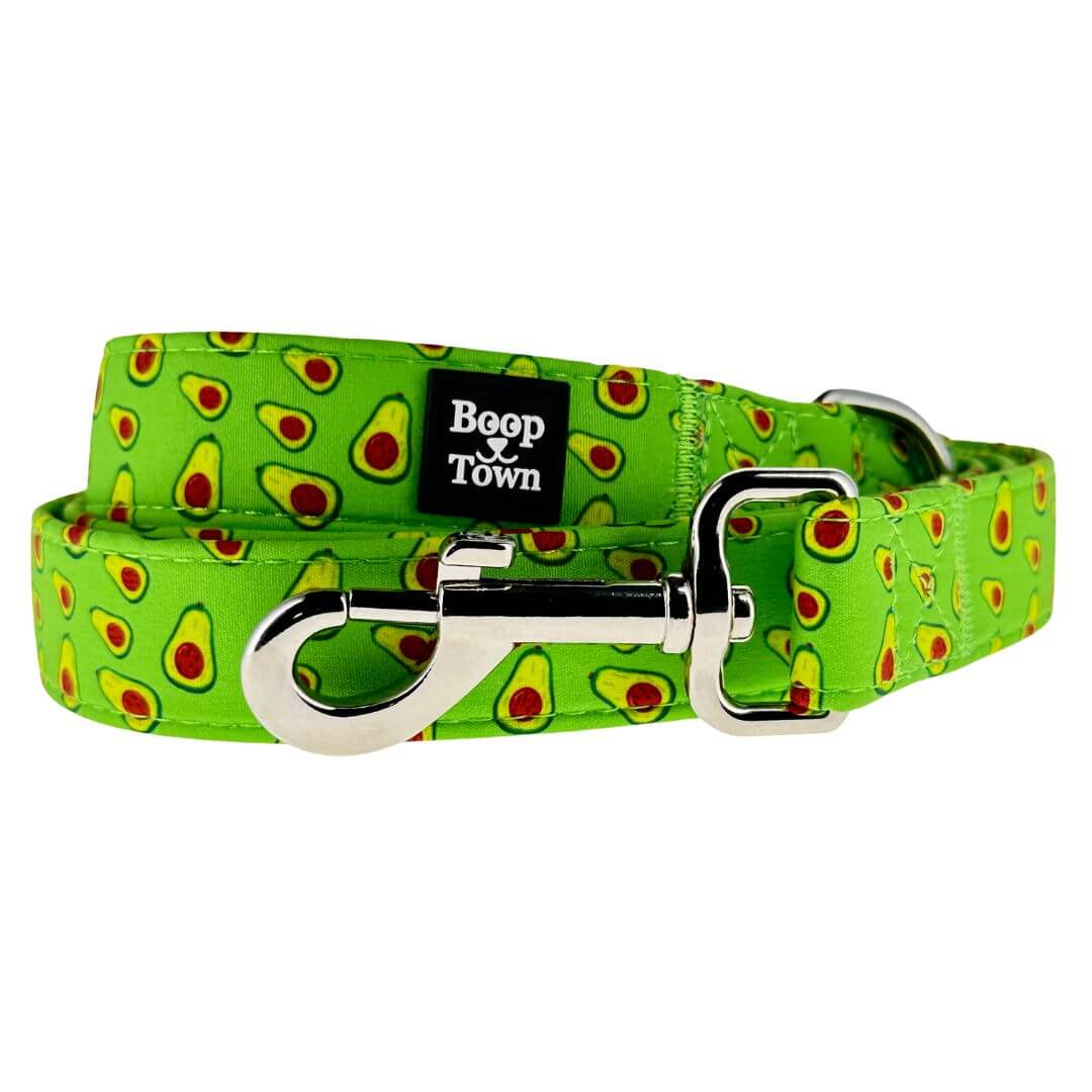 Boop Town Cute Dog Leashes 5 Feet Long featuring an avocado pattern and durable zinc alloy hardware.