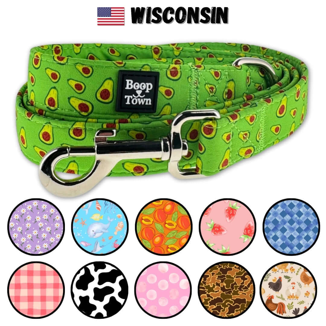 Boop Town Cute Dog Leashes 5 Feet Long featuring vibrant avocado pattern and durable zinc alloy hardware.
