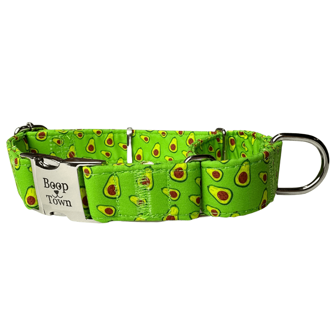 Boop Town Durable Soft Comfortable Cotton Dog Collars featuring a vibrant avocado print on a green background.
