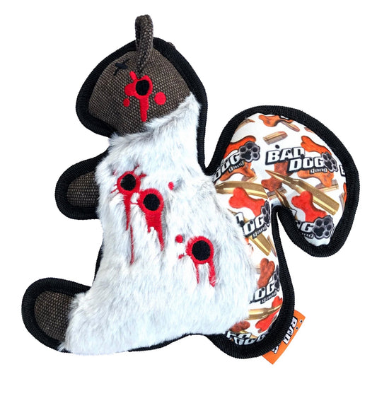 Overkill Squirrel Plush toy featuring unique fabric textures and playful design for dogs.