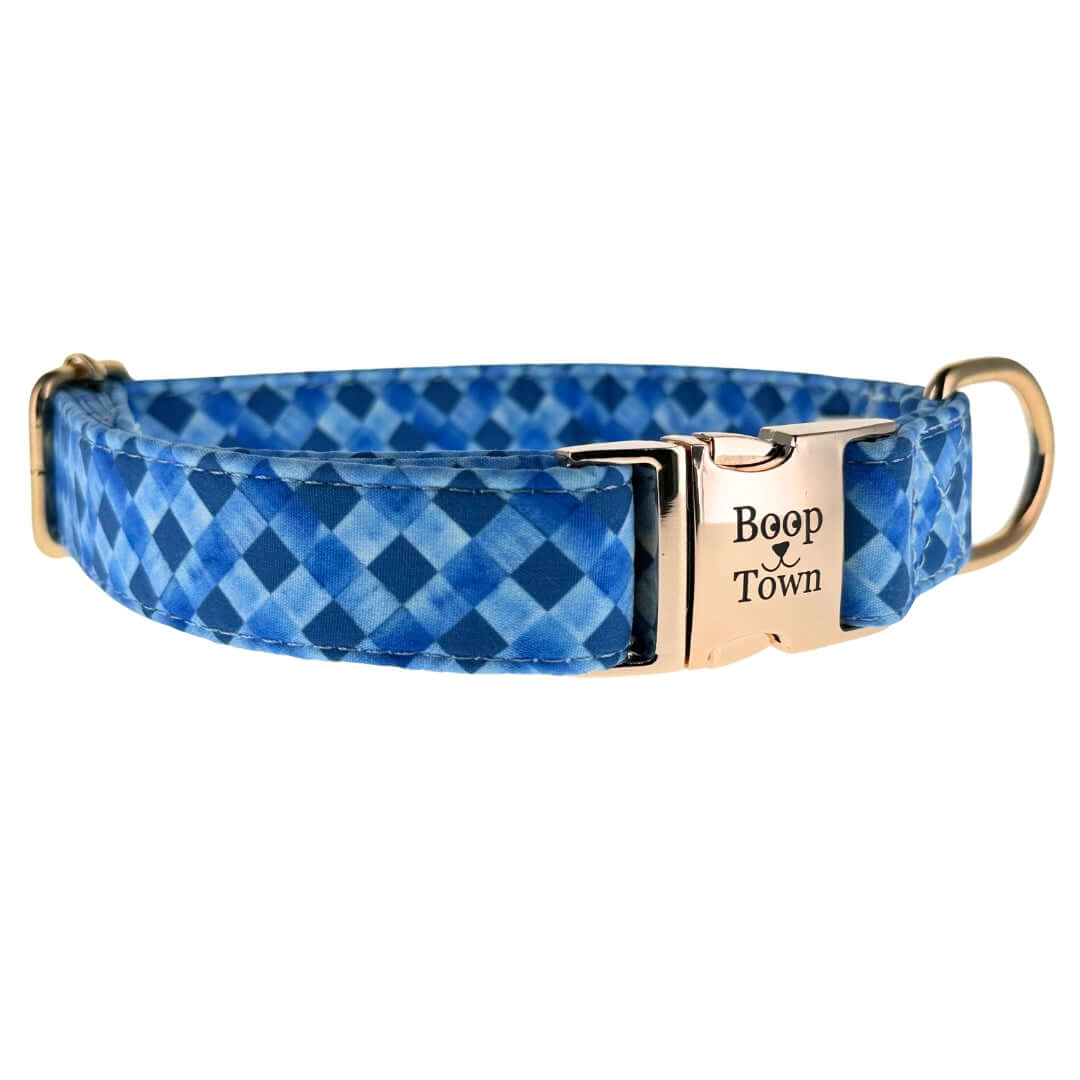 Boop Town Durable Soft Comfortable Cotton Dog Collars in blue checkered design with gold buckle