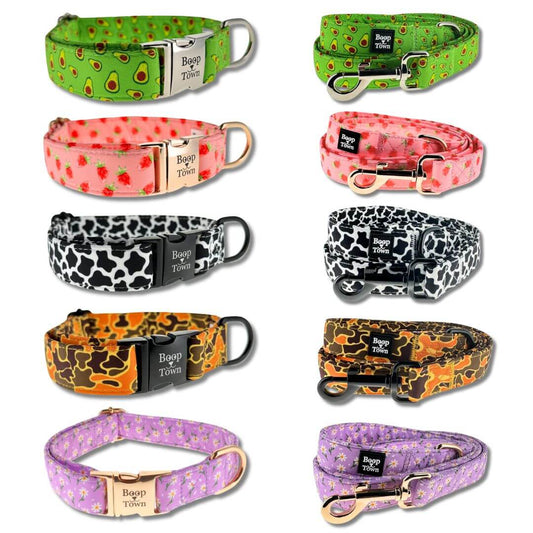 Various Boop Town Dog Collar & Leash Sets in vibrant patterns and colors, showcasing comfort and style for pets.