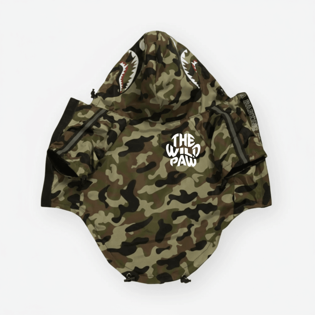 Mountain Quest Windbreaker for Dogs in camouflage design with a hood and logo on the back.