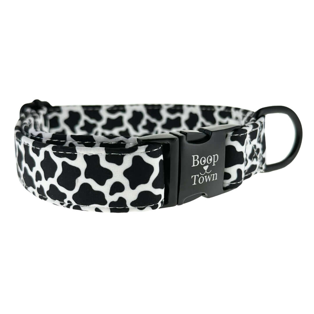 Boop Town Durable Soft Comfortable Cotton Dog Collars featuring a stylish black and white cow print design.
