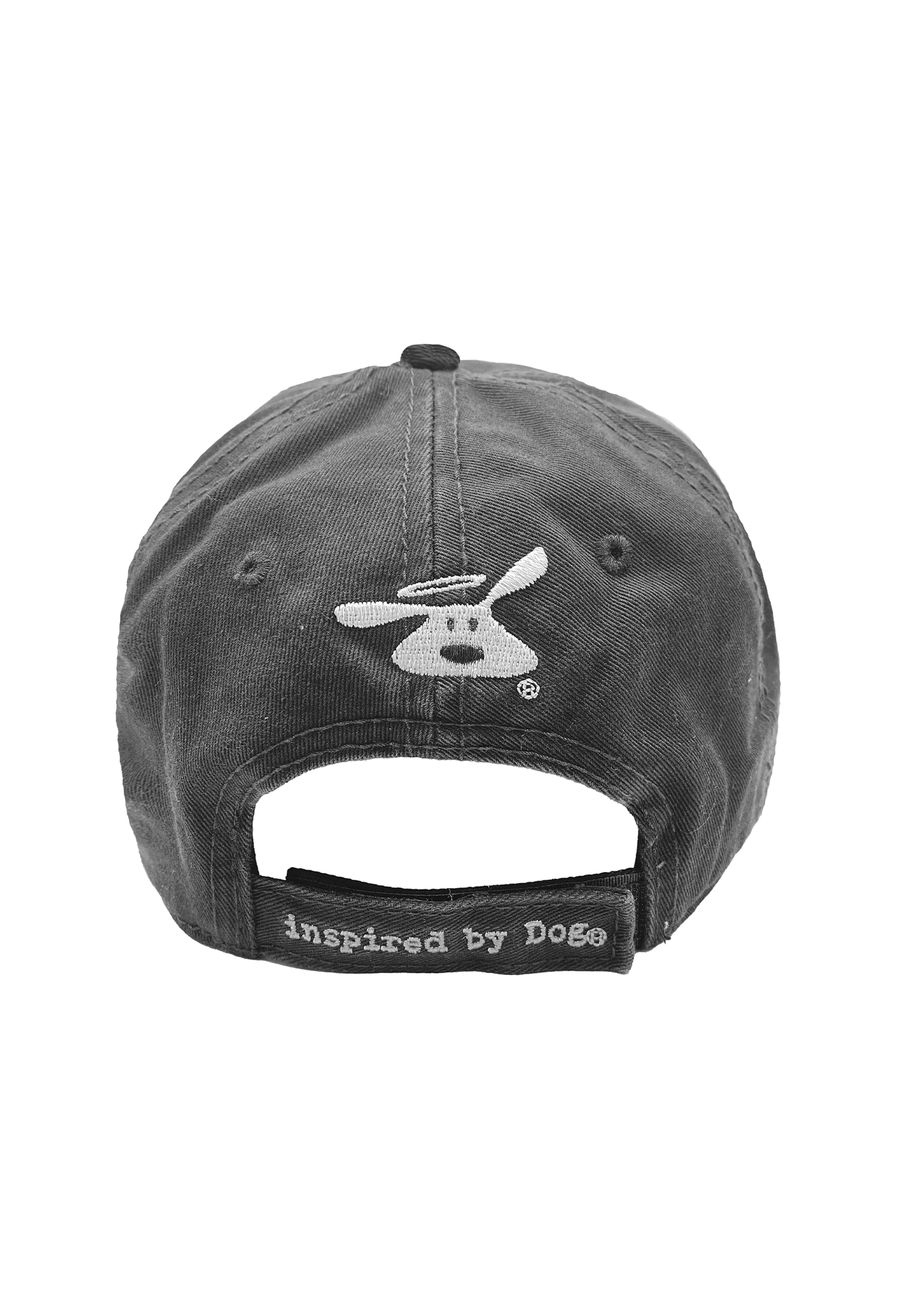 Back view of a Real Men Love Dogs hat featuring a logo and the phrase 'inspired by Dogs' on the strap.