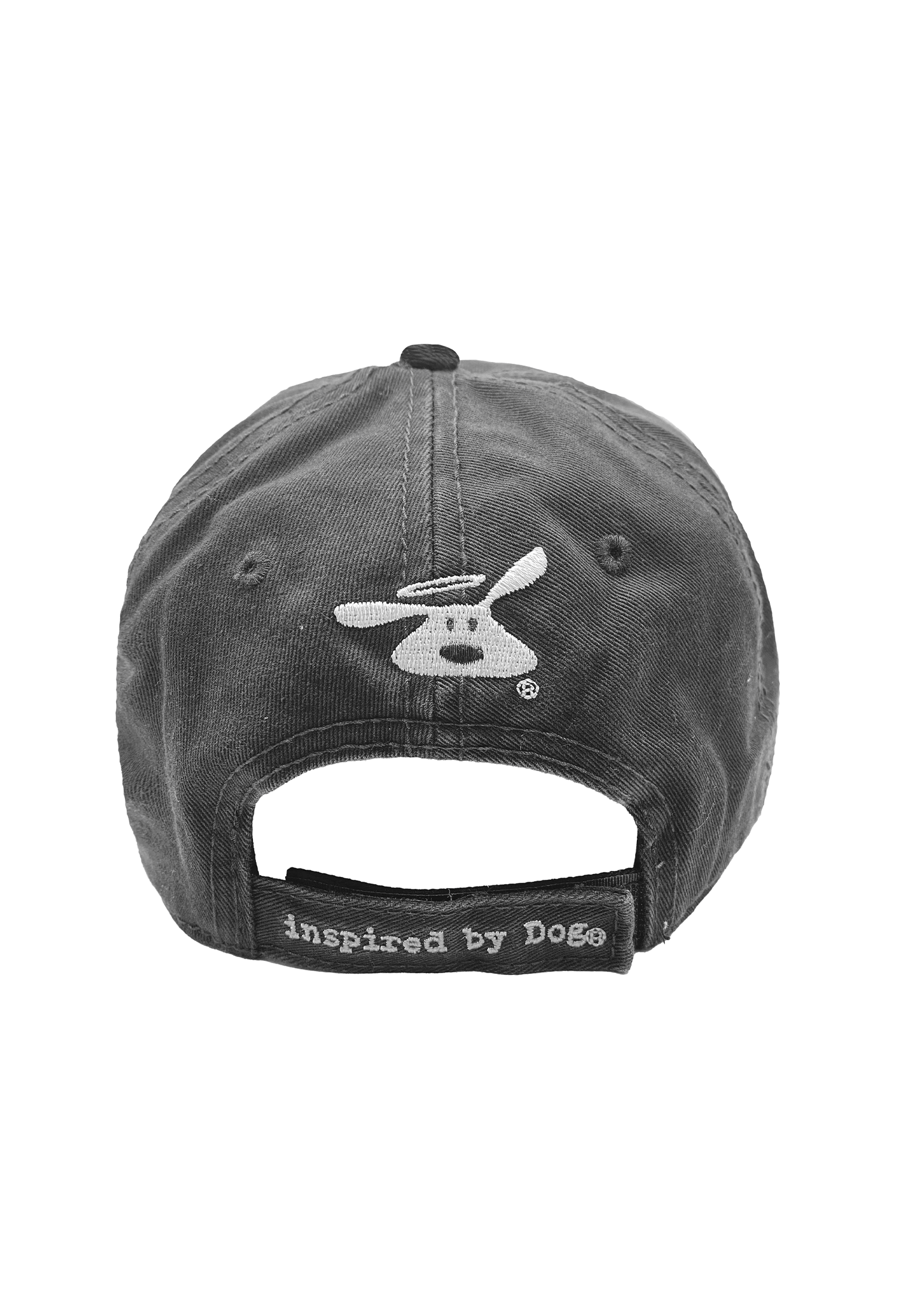 Back view of a Real Men Love Dogs hat featuring a logo and the phrase 'inspired by Dogs' on the strap.